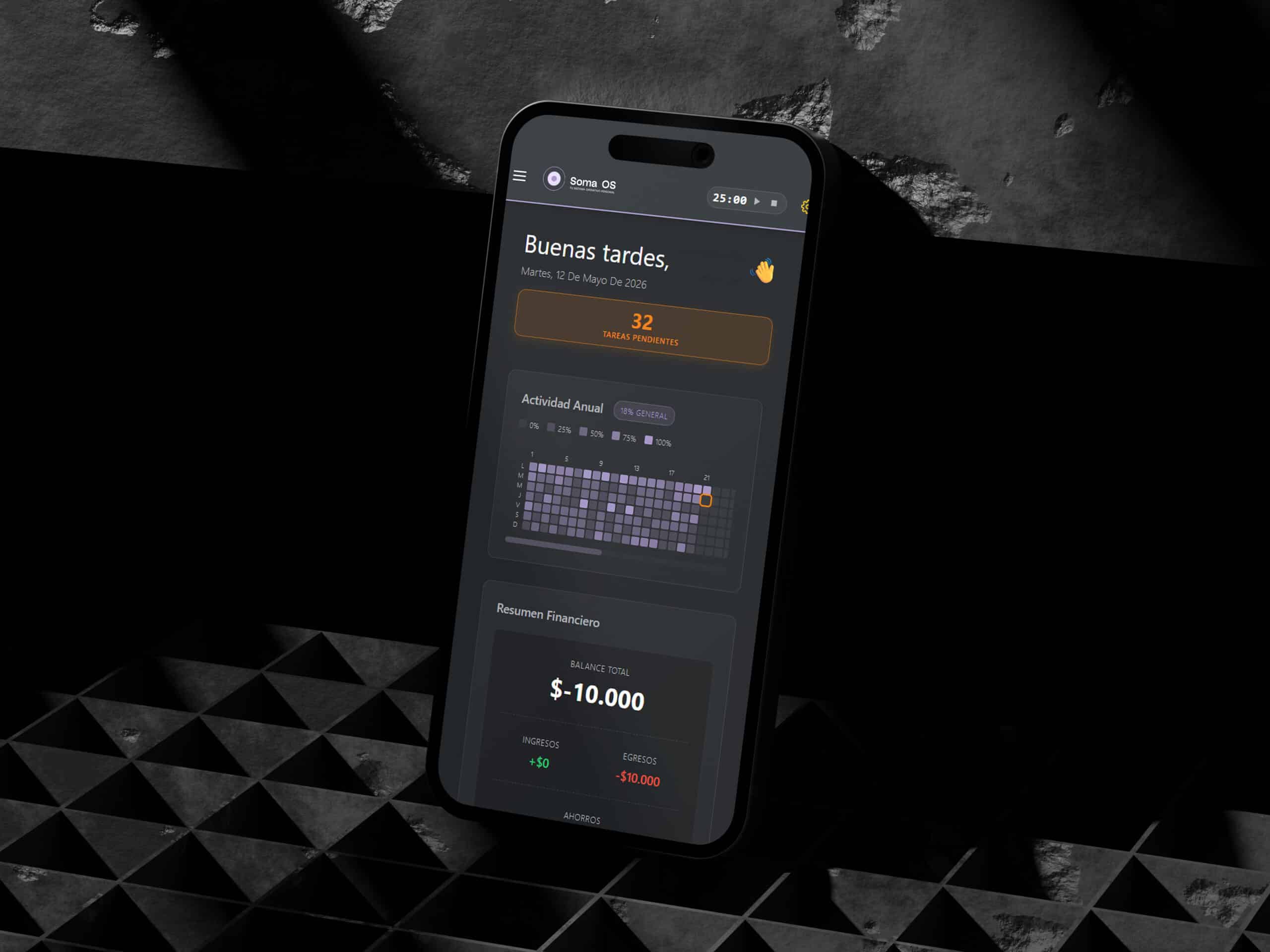 Interfaz de Soma OS — sistema operativo personal con módulos de finanzas, hábitos y productividad diseñado por Liucreativo